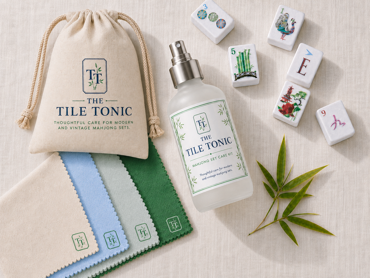 The Tile Tonic Mahjong Set Care Kit flatlay